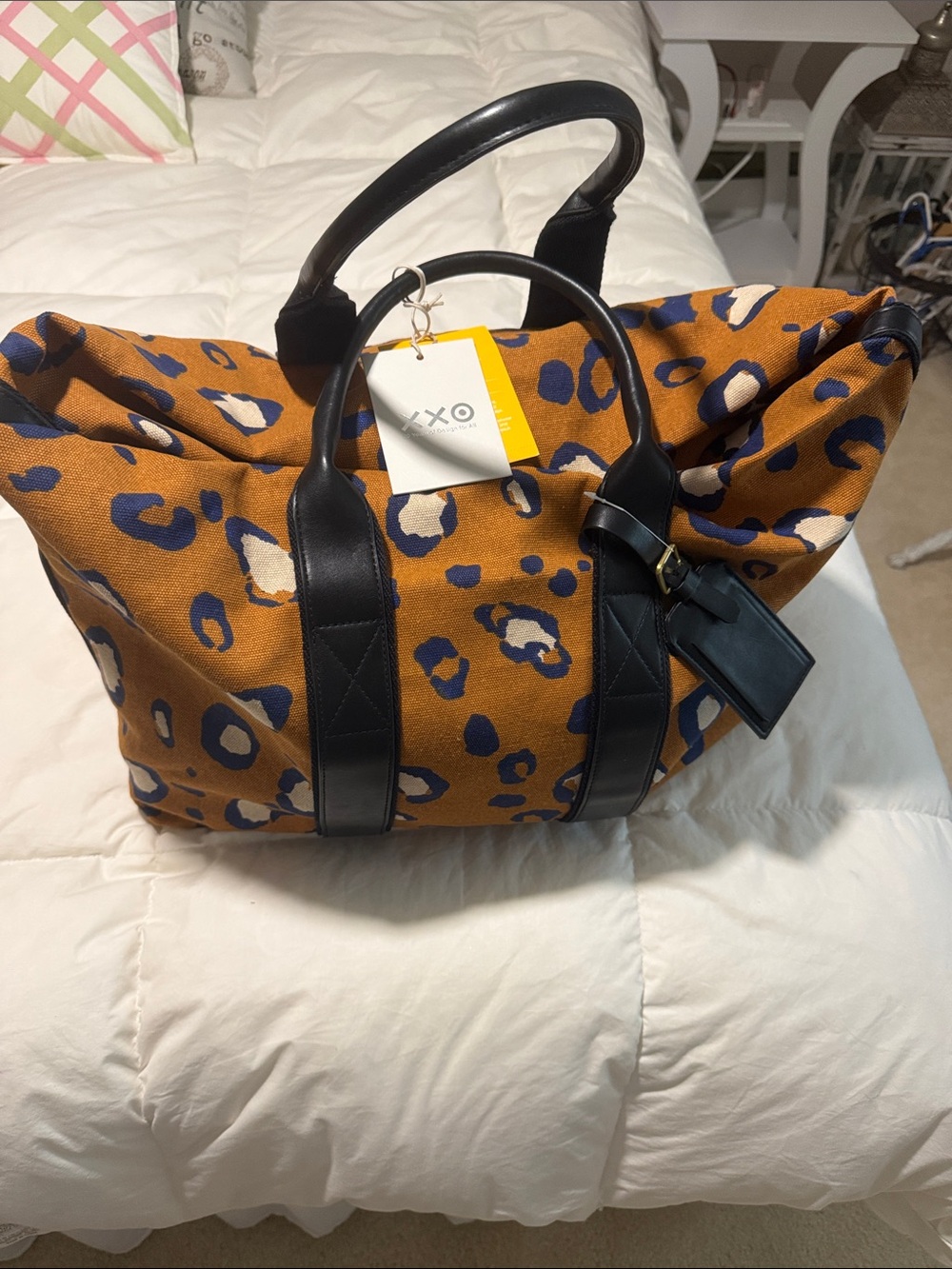 XOXO Rust Leopard Duffel with Navy Trim